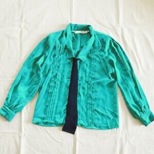 Chaus Vintage Teal Green Sheer Pleated Bow Tie Blouse Womens 12 Large